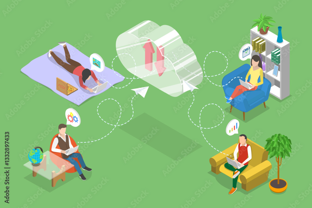 Poster 3d isometric flat vector illustration of cloud data storage, modern solution for managing data secur