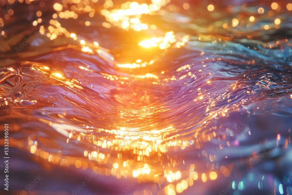 Poster liquid gold: abstract close-up of shimmering water surface bathed in golden light, creating a dynami