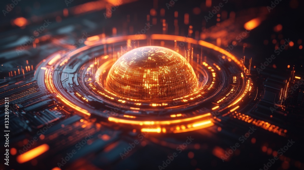 Poster illuminated sphere within futuristic technological interface
