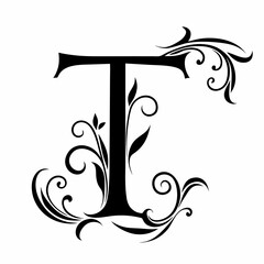 Elegant floral letter t monogram with intricate swirls and leaves