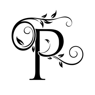 Elegant swirled letter p with floral leaf design on white background