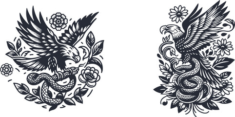 vintage set of eagle gripping a snake floral theme vector illustration, engraving sketch ink poster black etching tattoo