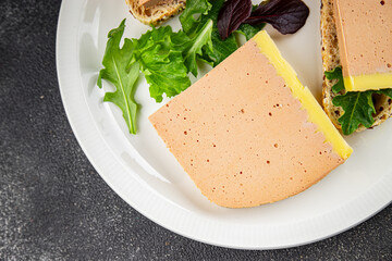 Duck  liver mousse pate poultry meat tasty fresh delicious gourmet food background table rustic...