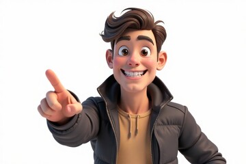 3D Cartoon man in a leather jacket points in different directions, smiling broadly.
