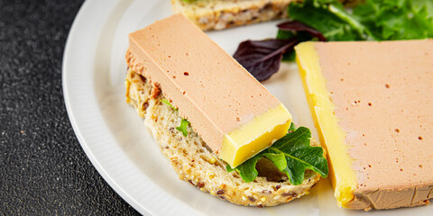 Duck  liver mousse pate poultry meat tasty fresh delicious gourmet food background table rustic...