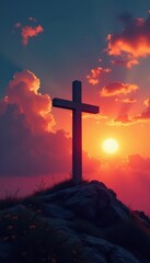 Lone cross against vibrant sunrise, textured clouds, color, design