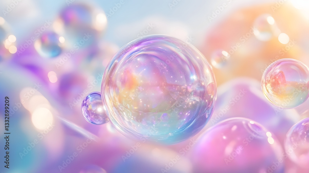 Poster a 3d wallpaper of transparent glass orbs floating in space, refracting gradient pastel colors. light