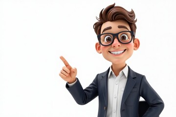 3D Cartoon businessman in a suit points left, smiling with glasses.