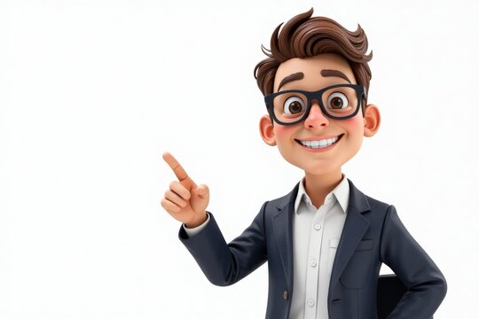 3D Cartoon businessman in a suit points left, smiling with glasses.