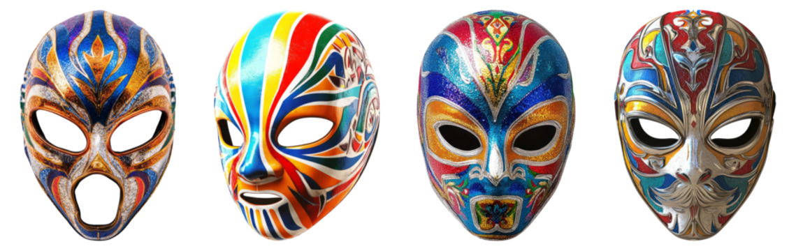Vibrant Colorful Masks Displayed in a Row for Artistic Inspiration, Isolated on Transparent Background