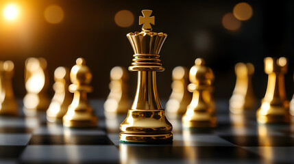 A golden chess piece is the center of attention on a black and white chessboard