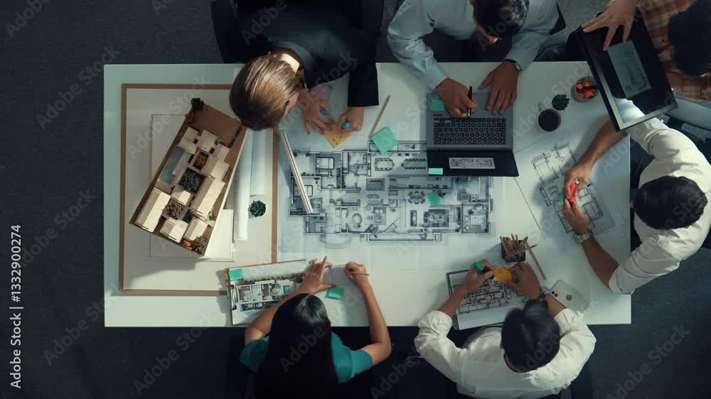 Poster top aerial view of project manager or civil engineer writing at blueprint and planning building desi