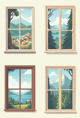 Four windows overlooking beautiful landscapes with mountains, lakes, and trees