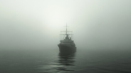 A lone ship sails through a thick fog on a calm sea.