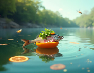 A fish is perched atop an orange, with a piece of lettuce and a carrot on its head, floating on a calm body of water with floating orange slices and a blurred background of trees and a bird.