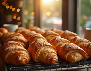 A close-up image of freshly baked croissants on a cooling rack, with a blurred background featuring a window and festive lights.