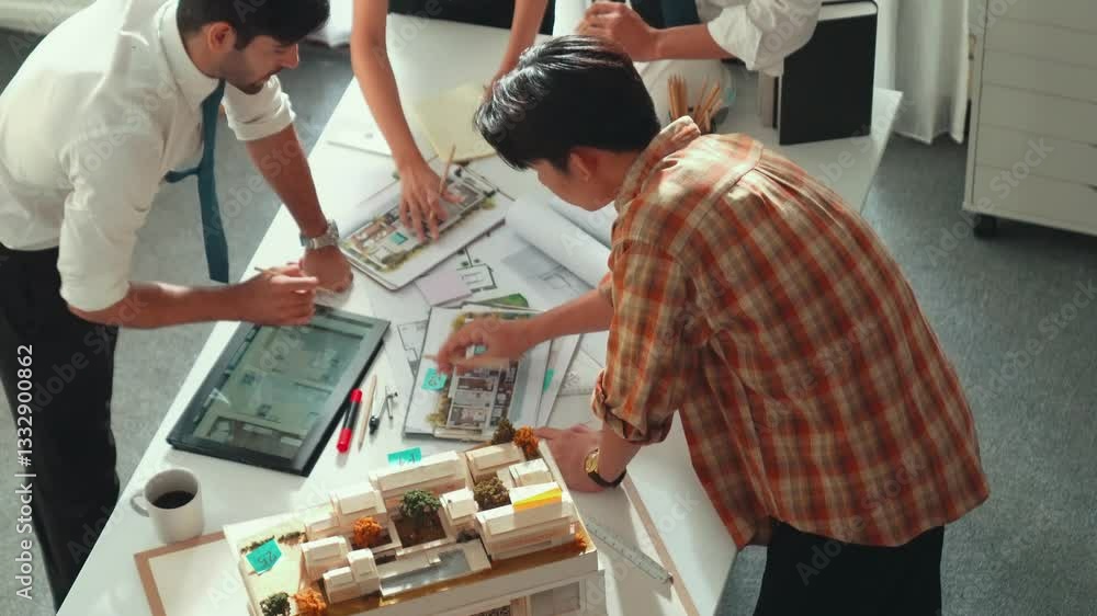 Poster smart architect or civil engineer writing building structure idea on note and stick on blueprint. ae