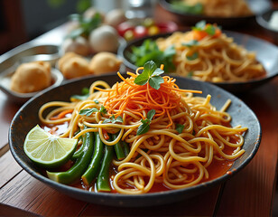 The image shows a close-up of a plate of noodles with vegetables and a slice of lime, set on a wooden table with other dishes in the background.