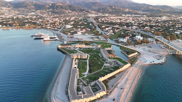 Aerial view of Venecian fortress Rio castle in Greece, near Rio-Antirio Bridge crossing Corinth Gulf strait, Peloponnese, Greece