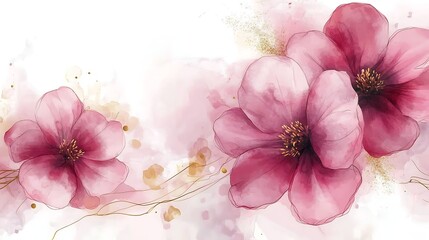Watercolor Pink Flowers with Gold Accents, Elegant watercolor painting of pink flowers with gold accents on a white background