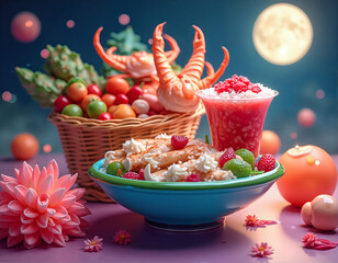 A blue bowl of fruit salad, a basket of fresh produce, and a glass of red juice are arranged on a purple tablecloth, with a full moon and pink flowers in the background.