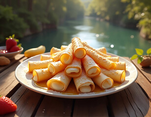 A plate of golden-brown crepes topped with a creamy filling is arranged on a wooden table, with a blurred natural background featuring a river and lush foliage.