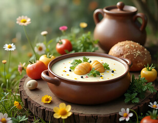 A ceramic bowl filled with a creamy soup is surrounded by an assortment of fresh produce, including tomatoes, herbs, and flowers, set against a blurred natural backdrop.