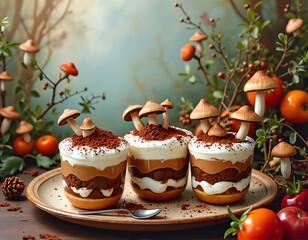 Three layered desserts with mushrooms on top are arranged on a plate, surrounded by autumn foliage and fresh tomatoes.