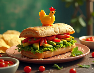 A sandwich with a variety of fresh vegetables and a yellow chicken figurine perched on top rests on a plate, accompanied by a bowl of cherry tomatoes and a side of chips.
