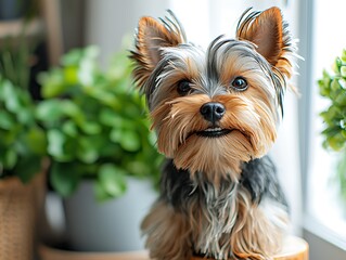 Adorable small dog with brown and black fur sits indoors