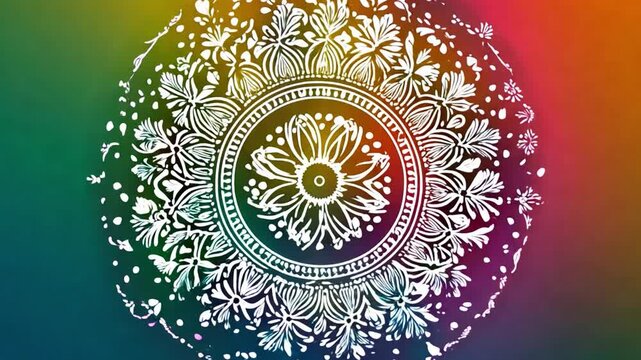 Intricate floral mandala design created with white lines against a vibrant gradient background