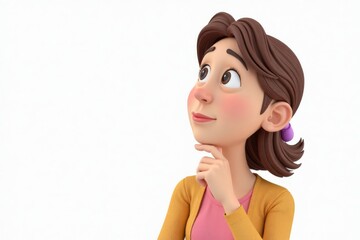 3D Cartoon woman looks upwards with a thoughtful expression, finger to her chin.