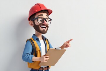 3D Cartoon construction worker points left, smiling, holding a clipboard, isolated on white.