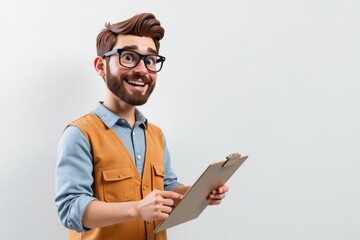 3D Cartoon construction worker points left, smiling, holding a clipboard, isolated on white.