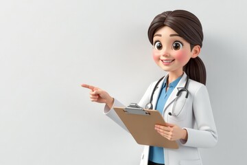 3D Cartoon female doctor points left, smiling, holding a tablet against a brick wall background.