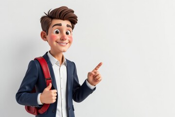 3D Cartoon man in a suit with a backpack points to the left, smiling.