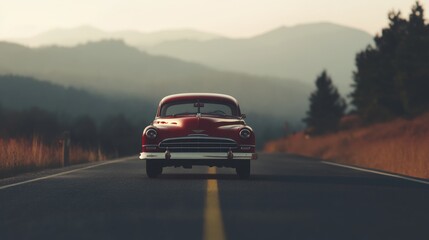 Naklejka premium Classic red car driving on a scenic highway.