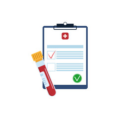 Blood test documents with a medical flask with blood and blood cells. Blood test tube with label. Hand drawn simple illustration in flat style. Hematology and biochemistry concept design