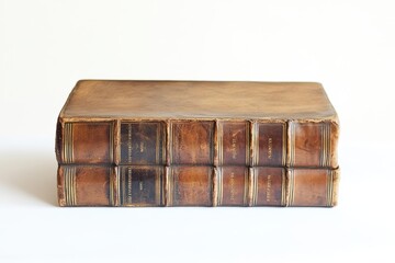 Timeless elegance of vintage leather-bound books resting on a pure white surface in soft natural light