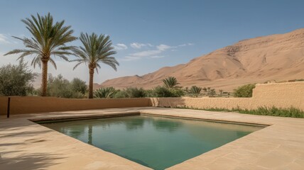 Desert Oasis Pool with Palm Trees and Mountains