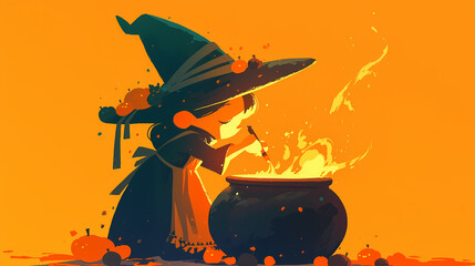 A young witch in a pointed hat brews a potion in a cauldron against a vibrant orange backdrop, surrounded by pumpkins