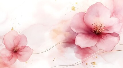 Watercolor Pink Flowers with Gold Accents, Elegant watercolor painting of pink flowers with gold accents on a white background