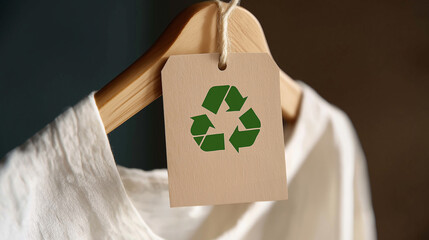 White t-shirt hanging on wooden hanger with recycling label promoting sustainable fashion