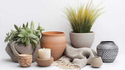 Natural decor with potted plants, candles, and textured fabrics