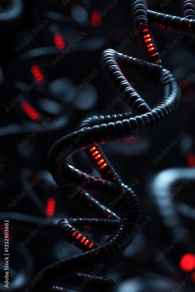Aufkleber modern representation of dna strands illuminated by vibrant red lights in a dark atmospheric space g