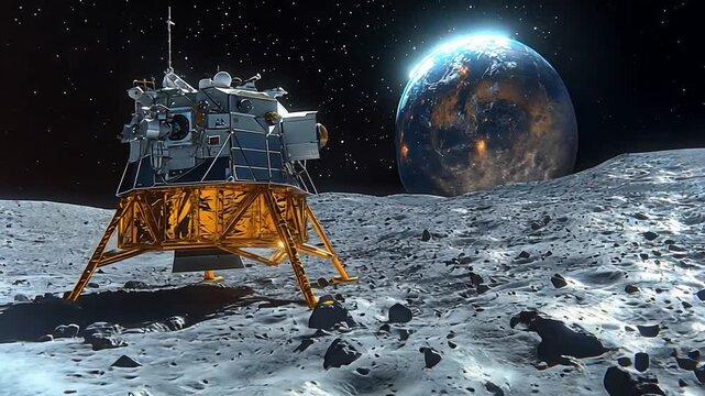 Lunar lander on the moon's surface with Earth in the background during a clear night