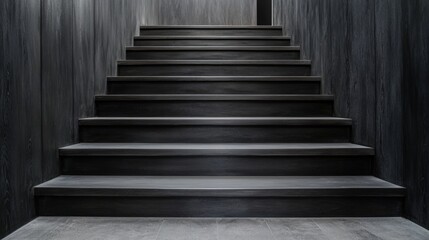 Fototapeta premium Dark wooden staircase indoors, modern design, leading upwards.