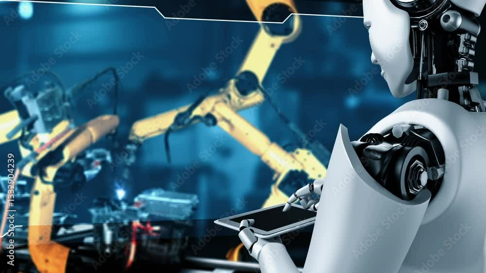 Aufkleber cybernated industry robot and robotic arms for assembly in factory production . concept of artificia