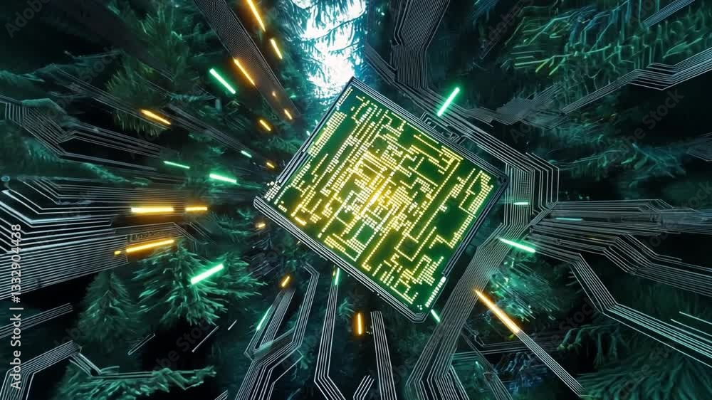 Poster dynamic artificial intelligence visual in a forest environment with vibrant circuitry elements