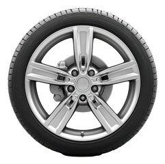 Obraz premium Car tire with silver rim. Detailed tread design. Auto part. Transport equipment. Round shape. Isolated png image with transparent background.